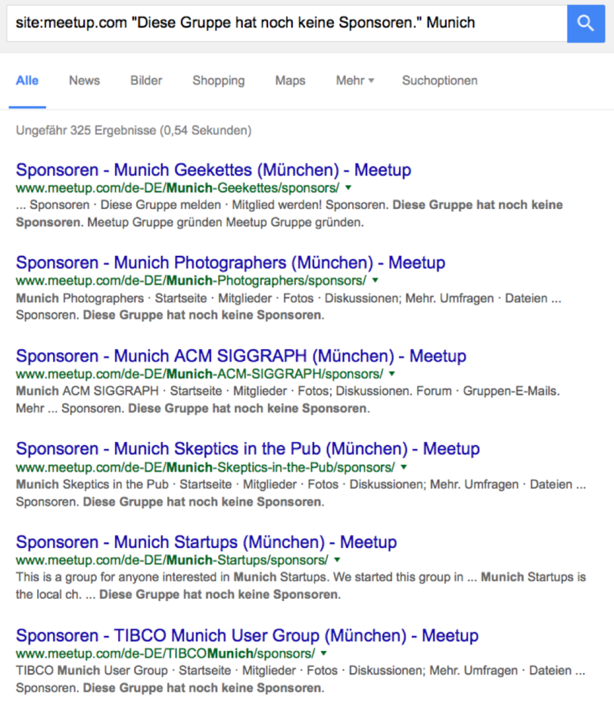Eine Site-Abfrage von meetup.com liefert lokale Gruppen ohne Sponsoren.